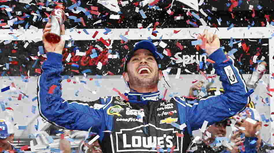 Jimmie Johnson celebrates in victory lane after winning the NASCAR Sprint Cup Series Daytona 500 at Daytona International Speedway on Sunday in Daytona Beach, Fla.