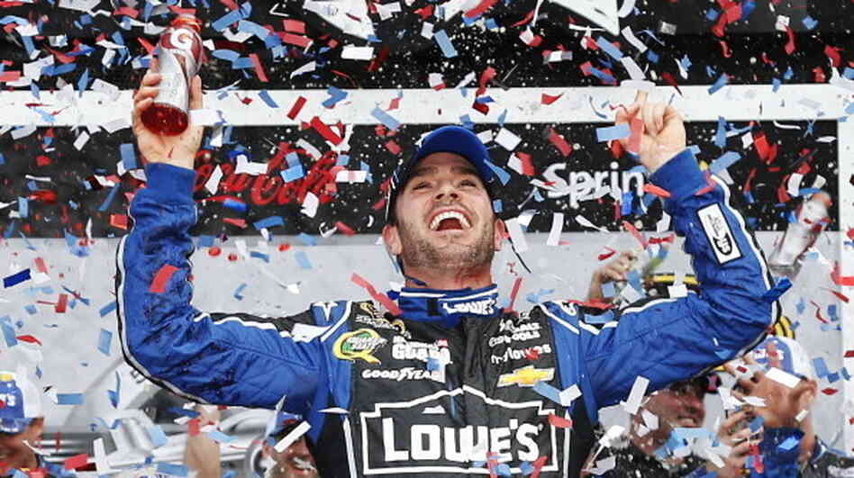 Jimmie Johnson celebrates in victory lane after winning the NASCAR Sprint Cup Series Daytona 500 at Daytona International Speedway on Sunday in Daytona Beach, Fla.