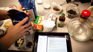 Morning Edition producer Rachel Ward preps the ingredients for a microwave creation.