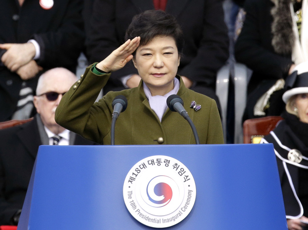 President Park Geun-hye salutes during her inauguration ceremony at the National Assembly in Seoul on Monday.