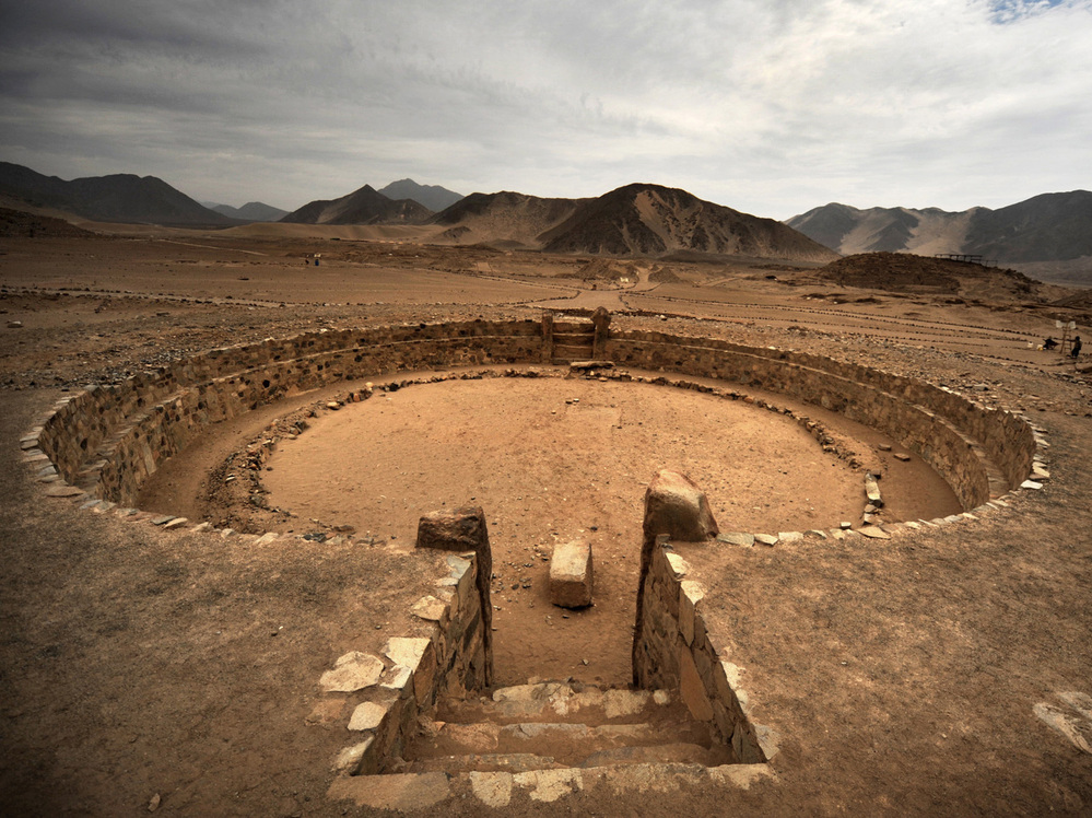 A view of one of the ceremonial plazas at the Caral-Supe archaeological site.