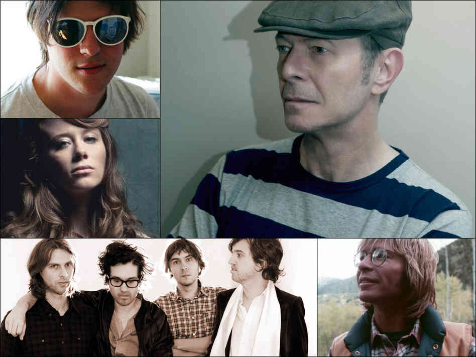 Clockwise from upper left: Nathan Williams of Wavves, David Bowie, John Denver, Phoenix, and Kanene Pipkin of Lone Bellow Clockwise from upper left: Nathan Williams of Wavves, David Bowie, John Denver, Phoenix, and Kanene Pipkin of Lone Bellow