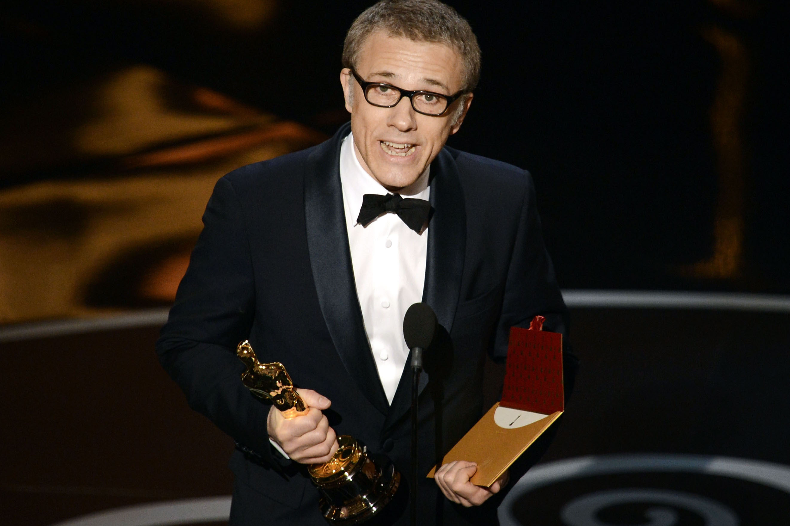 Actor Christoph Waltz accepts the Oscar for best supporting actor for his role in "Django Unchained."