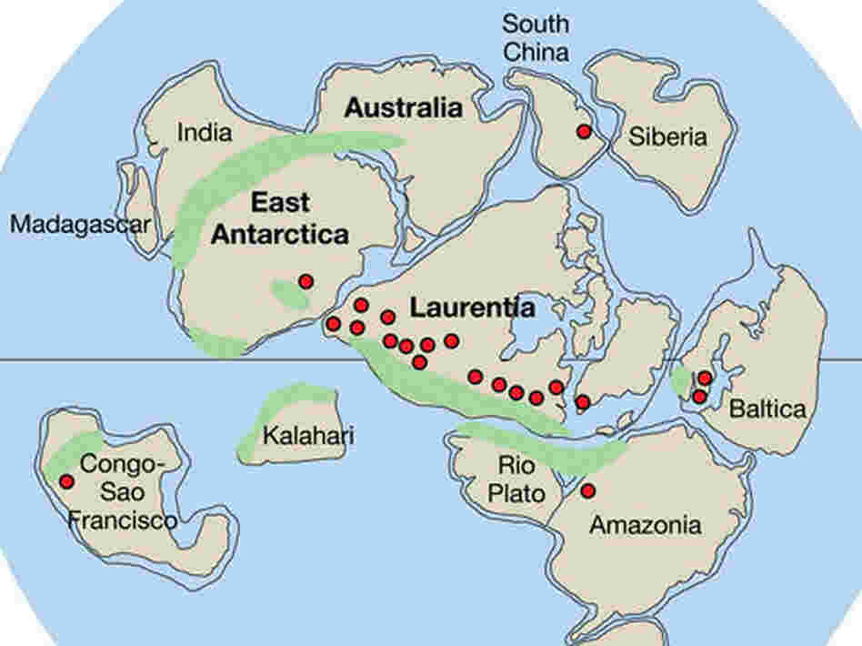 Rodinia. Mauritia is shoehorned between India and Madagascar.