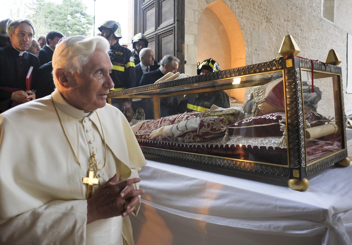 The resignation of Celestine in 1294 provided the spiritual and legal groundwork for Benedict, shown at the Santa Maria di Collemaggio Basilica in 2009.