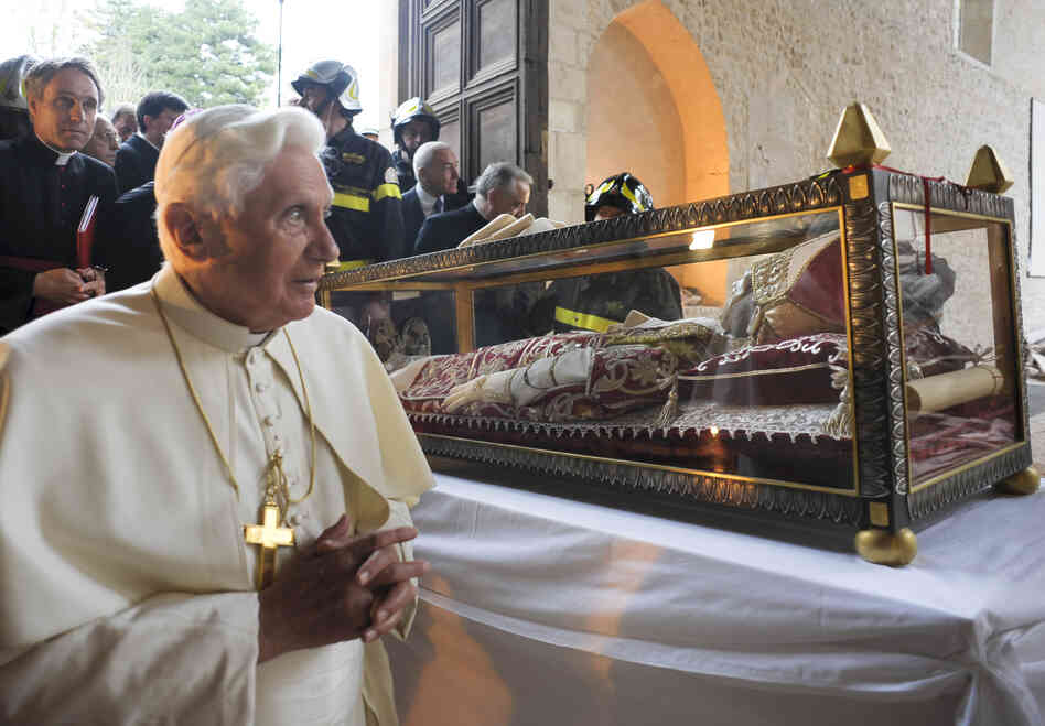 The resignation of Celestine in 1294 provided the spiritual and legal groundwork for Benedict, shown at the Santa Maria di Collemaggio Basilica in 2009.