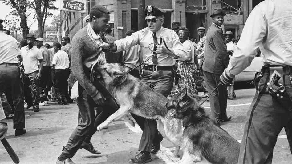 A young demonstrator is attacked by a police dog in Birmingham, Ala., in May 1963. Scenes like these helped usher in the nation's landmark civil rights law, the 1965 Voting Rights Act. The Supreme Court will hear arguments Wednesday over a key provision of the law.