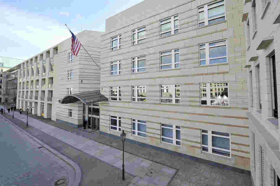 View of the entrance to the U.S. Embassy in Berlin in 2009. The new building opened in 2008 and exemplifies the new design standard to maintain security without sacrificing beauty.