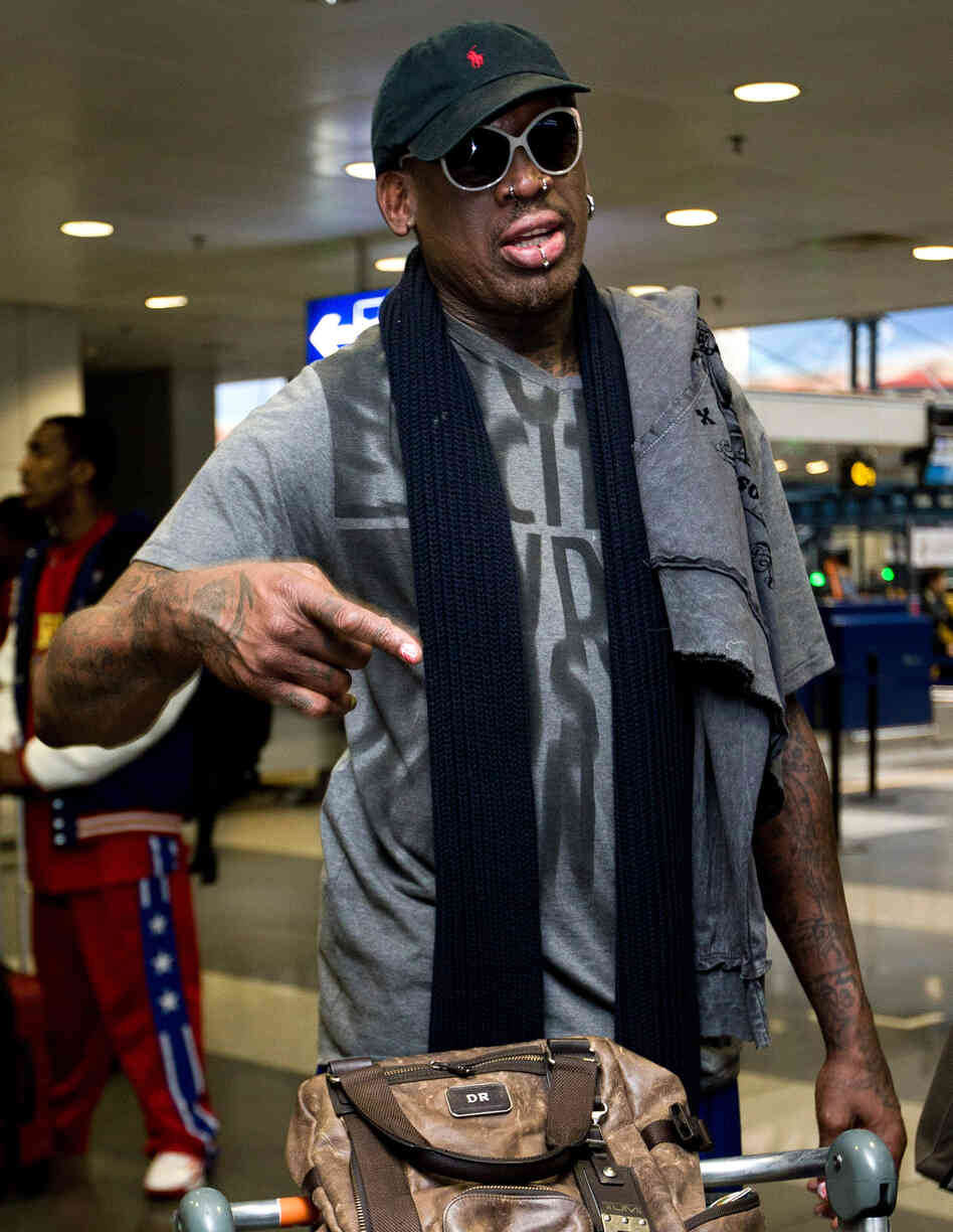 Former NBA star Dennis Rodman, in the departure hall of Beijing Capital International Airport on Tuesday, before his flight to North Korea.