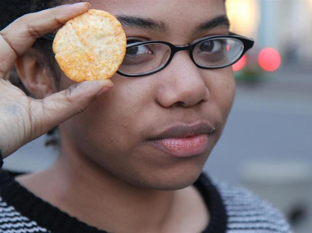 Youth Radio reporter Chantell Williams likes to munch on Popchips, which are marketed as a healthy snack.