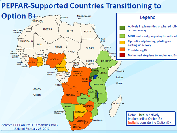 Where is Option B+? Several countries in sub-Saharan Africa, like Zambia, Kenya and Tanzania, are already planning to implement the program. The U.S. government funds Option B+ through the President's Emergency Plan for AIDS Relief.