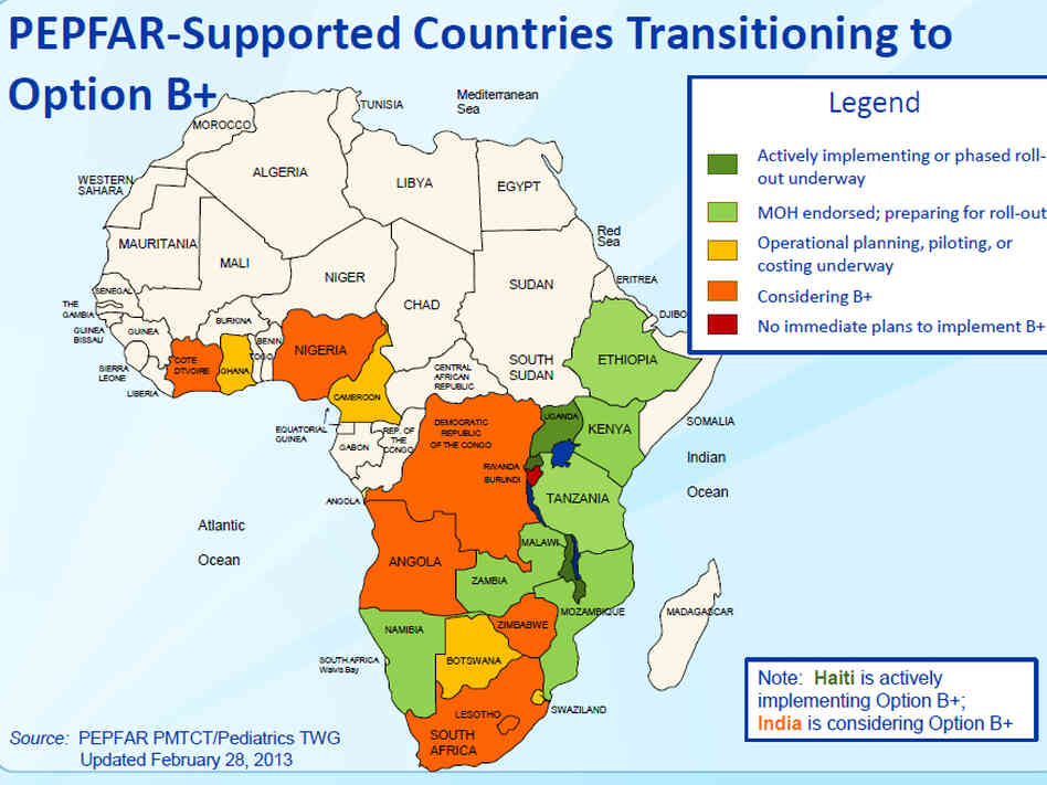 Where is Option B+? Several countries in sub-Saharan Africa, like Zambia, Kenya and Tanzania, are already planning to implement the program. The U.S. government funds Option B+ through the President's Emergency Plan for AIDS Relief.