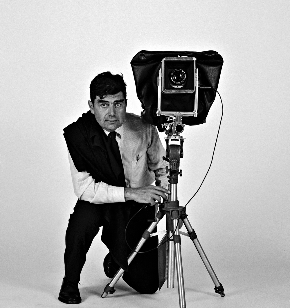 Portrait of Ezra Stoller with view camera, circa 1965.