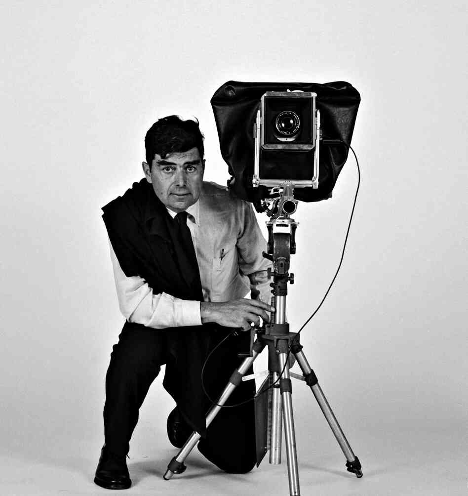 Portrait of Ezra Stoller with view camera, circa 1965.