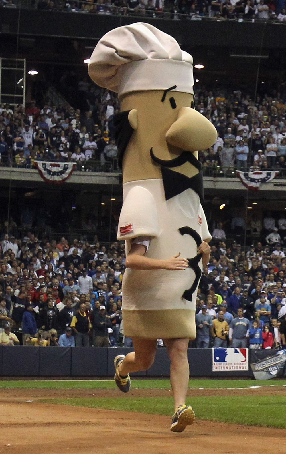 Guido the Racing Italian Sausage in action during Game Two of the National League Championship Series between the St. Louis Cardinals and the Milwaukee Brewers in 2011.