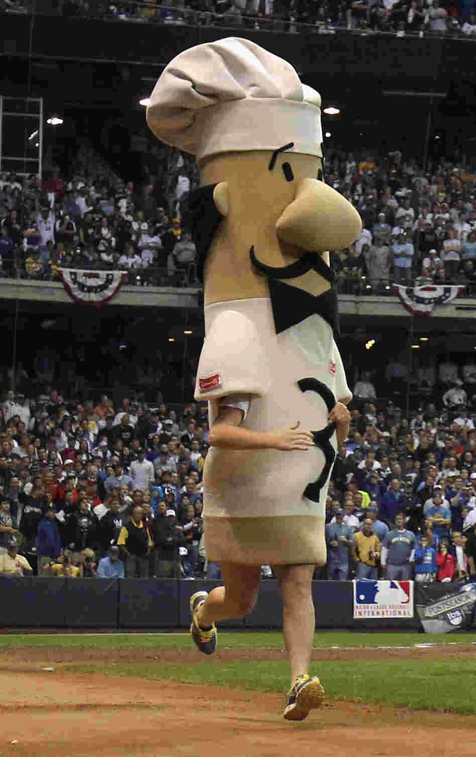 Guido the Racing Italian Sausage in action during Game Two of the National League Championship Series between the St. Louis Cardinals and the Milwaukee Brewers in 2011.