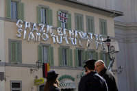Inflatable letters compose a message in Italian reading