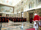 In this photo provided by the Vatican newspaper L'Osservatore Romano, Pope Benedict XVI delivers his message during his farewell meeting to cardinals Thursday. Benedict promised his "unconditional reverence and obedience" to his successor. In this photo provided by the Vatican newspaper L'Osservatore Romano, Pope Benedict XVI delivers his message during his farewell meeting to cardinals Thursday. Benedict promised his "unconditional reverence and obedience" to his successor.