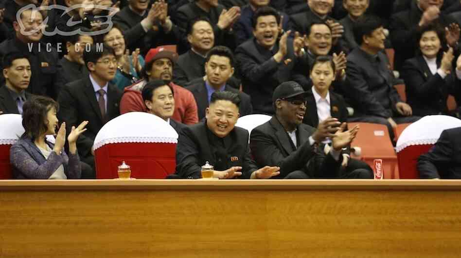 North Korean Leader Kim Jong Un, seated next to former NBA star Dennis Rodman (in black cap), at a basketball game Thursday in Pyongyang.