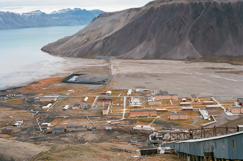 Piramida, shot from above. The ghost town, once an active Russian mining settlement, is on the island of Spitsbergen, in the archipelago of Svalbard, which is controlled by Norway.