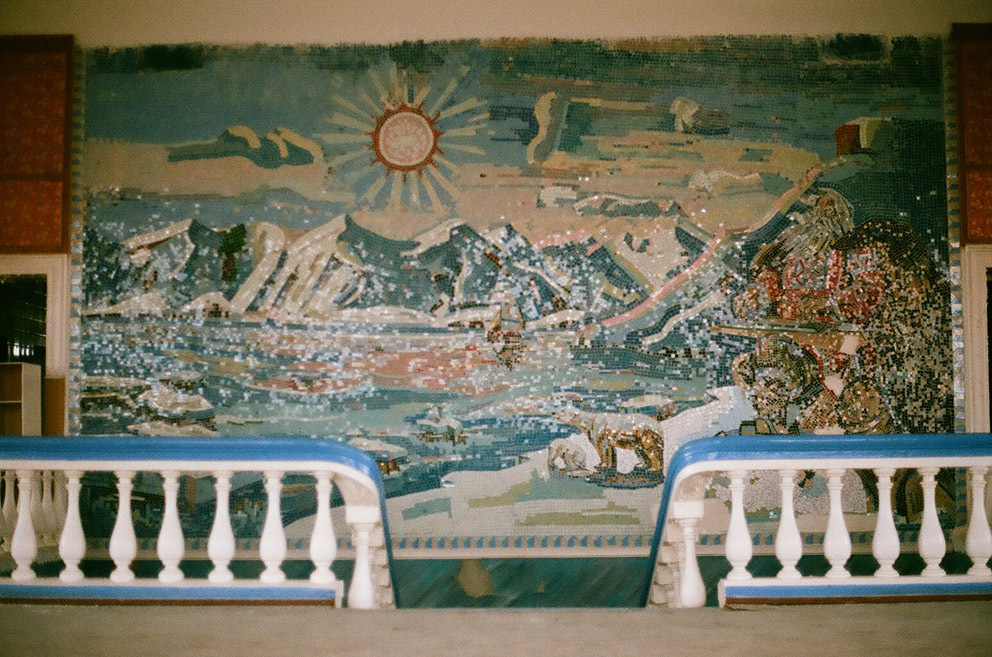 An arctic-inspired mosaic on one of the walls of an abandoned building in Piramida.