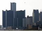 The General Motors world headquarters building dominates the Detroit skyline. The General Motors world headquarters building dominates the Detroit skyline.