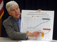 Michigan Gov. Rick Snyder in February displays a chart to illustrate the troubled state of Detroit's finances.