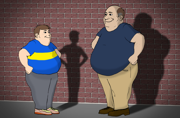 A promo image depicting a parent's perception of his child's weight.