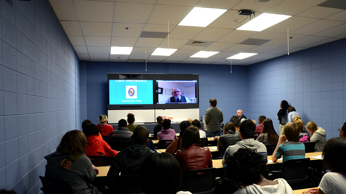 Students at Westlake High School in Waldorf, Md., participate in an interactive digital conversation with historian Kenneth C. Davis about late 19th and early 20th century American history on Thursday. The school uses a state of the art "telepresence center" for students to connect with experts all over the world. Students at Westlake High School in Waldorf, Md., participate in an interactive digital conversation with historian Kenneth C. Davis about late 19th and early 20th century American history on Thursday. The school uses a state of the art "telepresence center" for students to connect with experts all over the world.