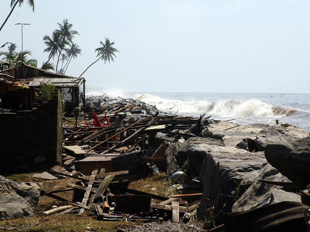 This Dec. 26, 2004, photograph shows a trail of destruction in the southern Sri Lankan town of Lunawa after tidal waves lashed more than half of Sri Lanka's coastline.