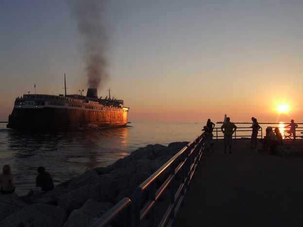 The Badger pulls out of the Ludington harbor for its four-hour journey to Manitowoc, Wis.