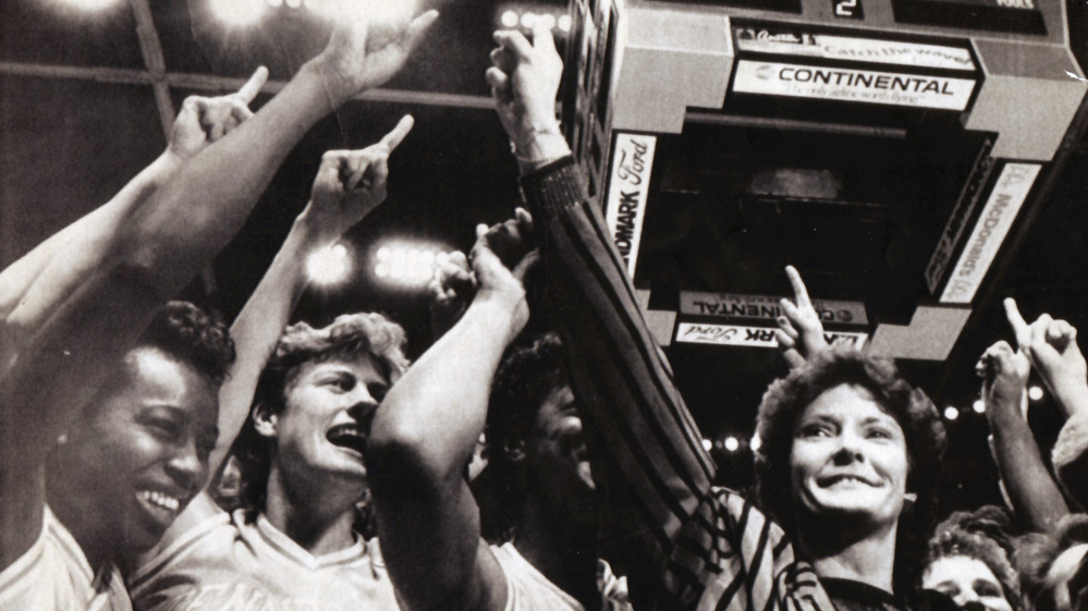 Pat Summitt celebrates the Lady Vols' first national championship, in 1987. Summitt says it took seven Final Four losses to learn how to win one.