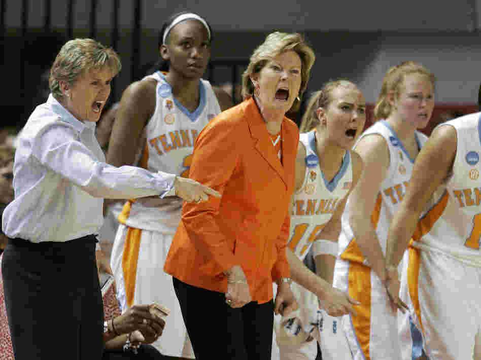 During the second half of a 2009 game that Tennessee lost to Ball State, Pat Summitt and assistant Holly Warlick react from the bench.