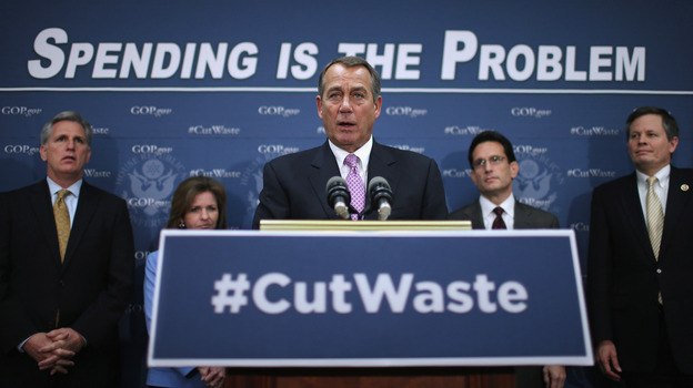 House Speaker John Boehner answers reporters' questions after the weekly House Republican caucus meeting with (from left) Rep. Kevin McCarthy, Rep. Lynn Jenkins, Majority Leader Eric Cantor and Rep. Steve Daines on Tuesday.