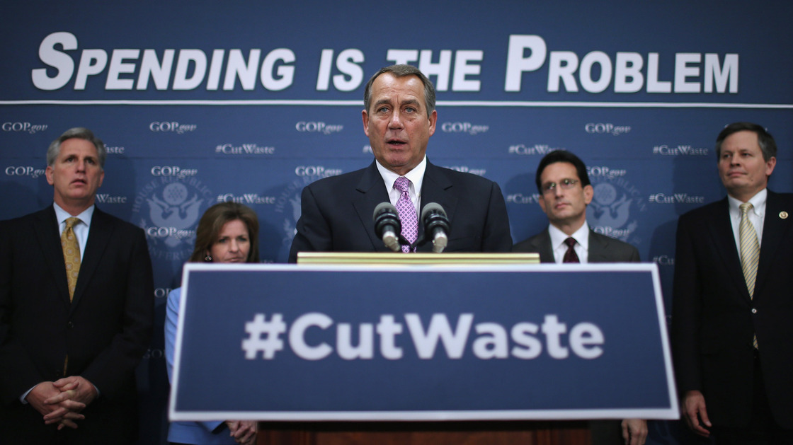 House Speaker John Boehner answers reporters' questions after the weekly House Republican caucus meeting with (from left) Rep. Kevin McCarthy, Rep. Lynn Jenkins, Majority Leader Eric Cantor and Rep. Steve Daines on Tuesday.