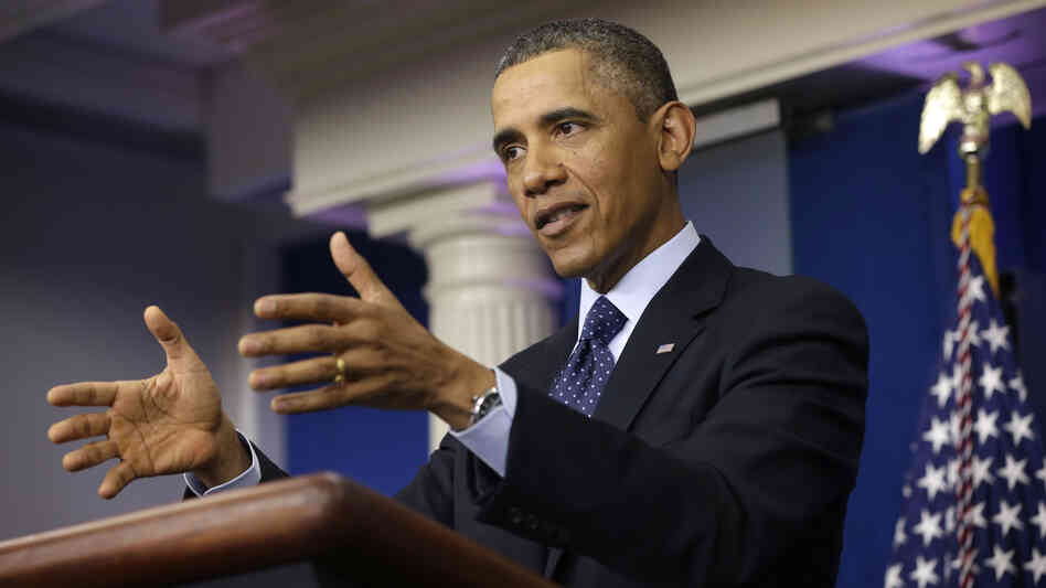 President Obama speaks to reporters in the White House briefing room on Friday following a meeting with congressional leaders.