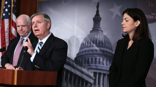 Republican Sens. John McCain of Arizona, Lindsey Graham of South Carolina and Kelly Ayotte of New Hampshire at the Capitol last month. The senators are among a group invited to dine Wednesday with President Obama.