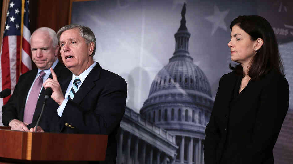 Republican Sens. John McCain of Arizona, Lindsey Graham of South Carolina and Kelly Ayotte of New Hampshire at the Capitol last month. The senators are among a group invited to dine Wednesday with President Obama.