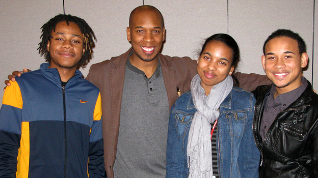 Branndin Laramore (from left), Brian Weddington, Lia Miller and Ernesto Moreta pose after a recent rehearsal for the Chicago finals of the August Wilson Monologue Competition.