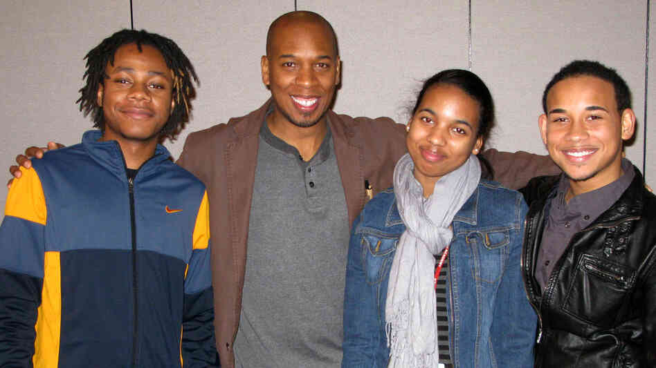 Branndin Laramore (from left), Brian Weddington, Lia Miller and Ernesto Moreta pose after a recent rehearsal for the Chicago finals of the August Wilson Monologue Competition.