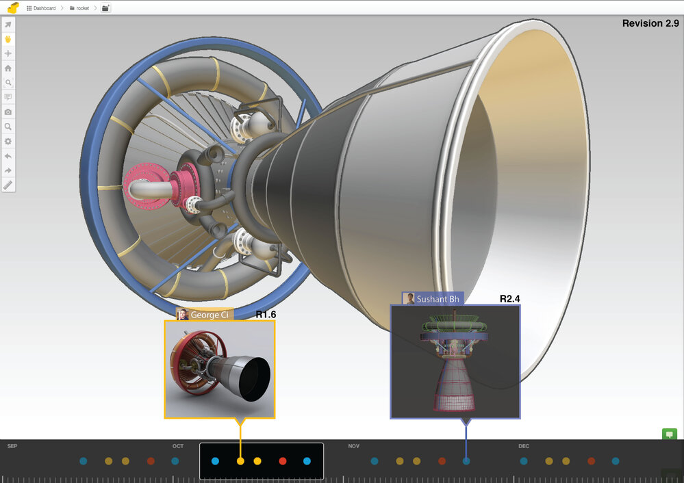 A screenshot shows how a team would track changes to its rocket project on a Sunglass platform.