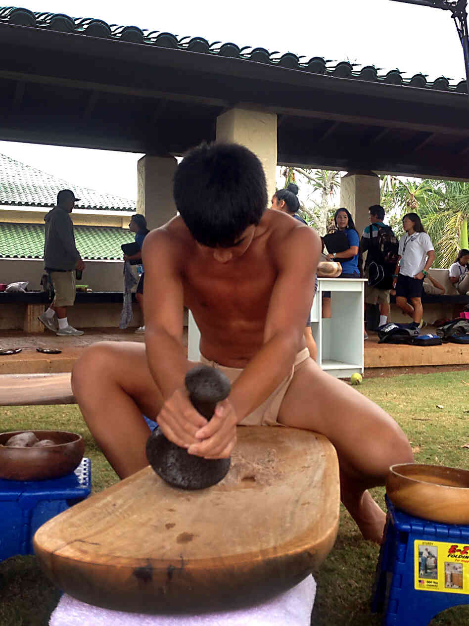 A youth creates poi via ku'i, a process in which taro roots are crushed by stone.