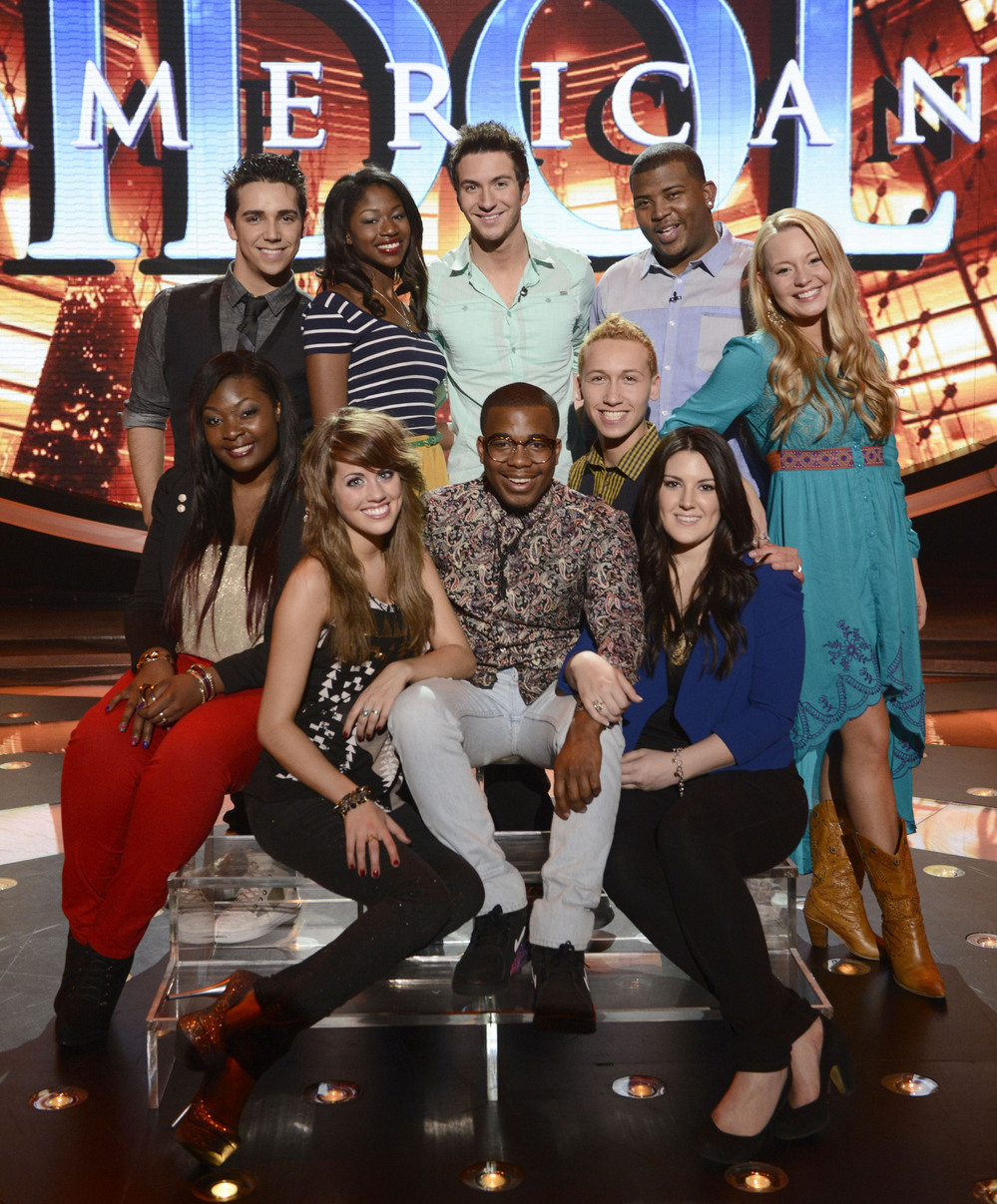 The top 10 contestants on this year's American Idol. Clockwise from top left: Lazaro Arbos, Amber Holcomb, Paul Jolley, Curtis Finch, Jr., Janelle Arthur, Kree Harrison, Devin Velez, Burnell Taylor, Angie Miller and Candice Glover.