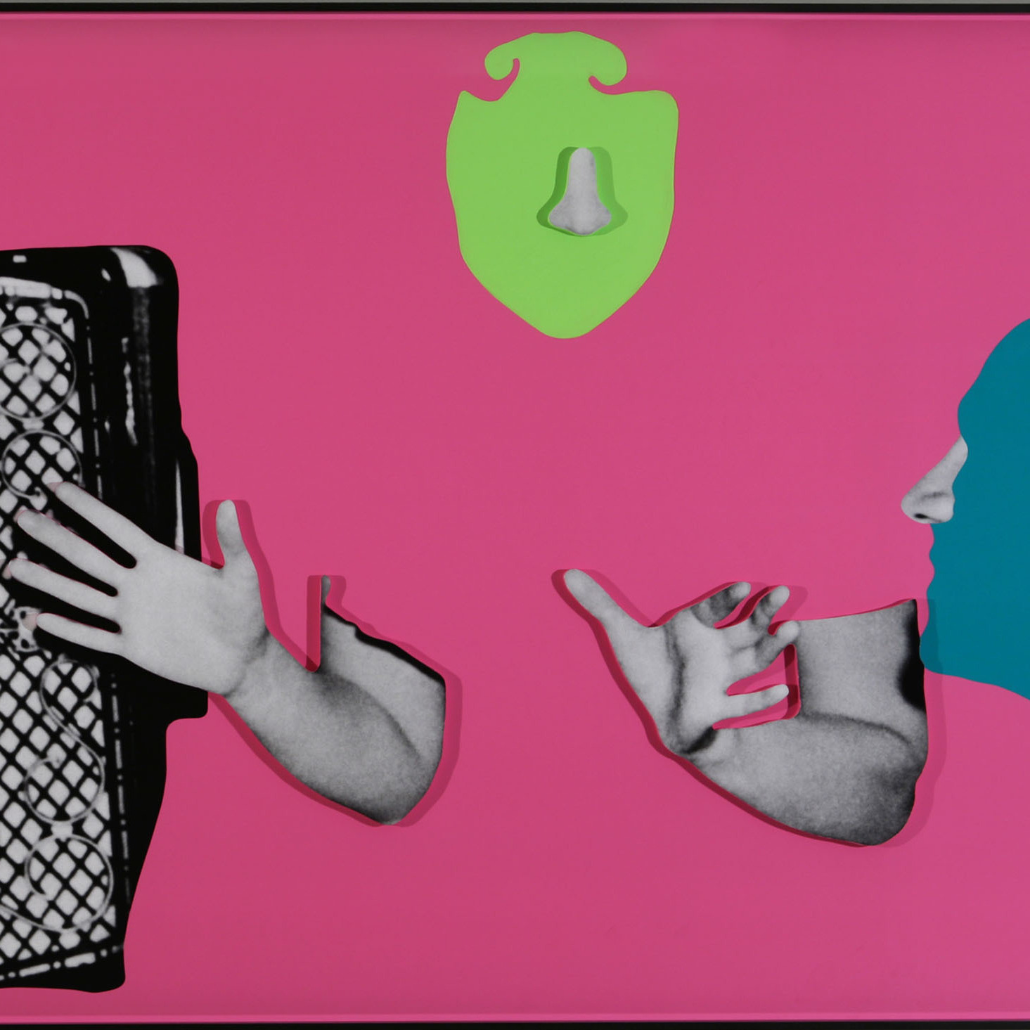 permission pending. Noses &amp; Ears, Etc. (Part Two): Two (Bluegreen) Faces With Noses And Ears, One (Yellowgreen) Face With Nose And Three Hands And Accordion, 2006