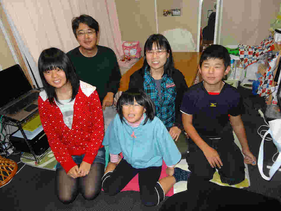 The Togawa family in their temporary home near Kawamata, Japan. From left: Rina, Kenichi, Kae, Yuka and Shoichiro.