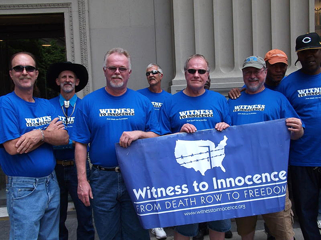 Witness to Innocence exoneree members (from left) Ray Krone, Albert Burrell, Kirk Bloodsworth, Gary Drinkard, Randy Steidl, Ronald Keine, Delbert Tibbs and Derrick Jamison
