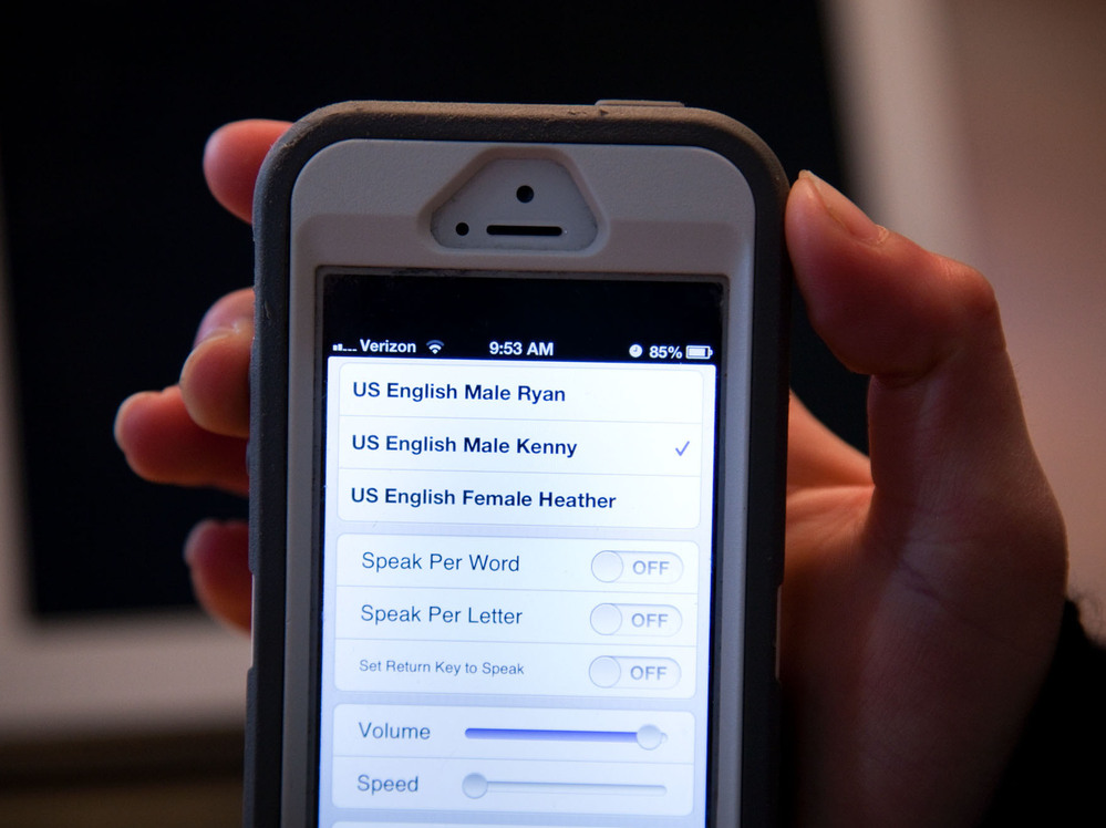 The text-to-speech iPhone app that Samantha Grimaldo uses has three voice options for her to choose from.