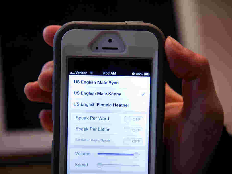 The text-to-speech iPhone app that Samantha Grimaldo uses has three voice options for her to choose from.