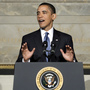 Standing in front of the Constitution, President Obama delivers an address on national security and terrorism in 2009 at the National Archives in Washington.