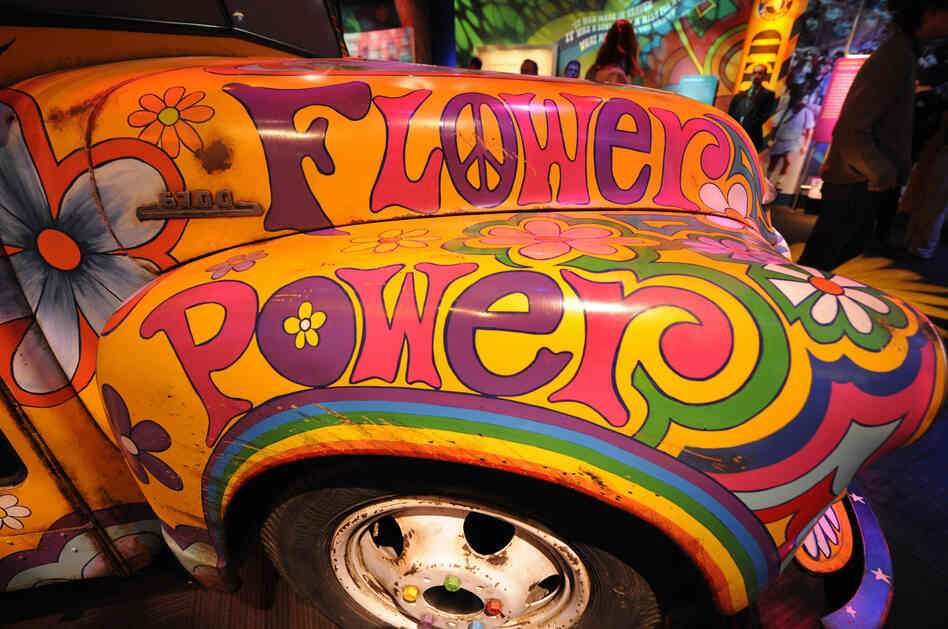 Paintings adorn the "Magic Bus" on display at a museum built on the site of the 1969 Woodstock music festival.